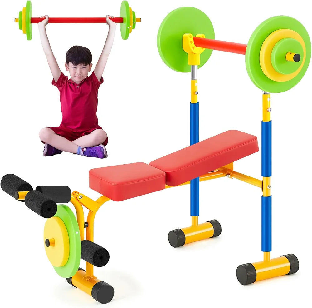 Meooeck Kids Weight Bench Set Fitness Exercise Equipment for Kids Toddler Adjustable Sports Exercise Equipment with Weights Foam Tray and Bar for Beginners Children Toddler Indoor Outdoor Sport