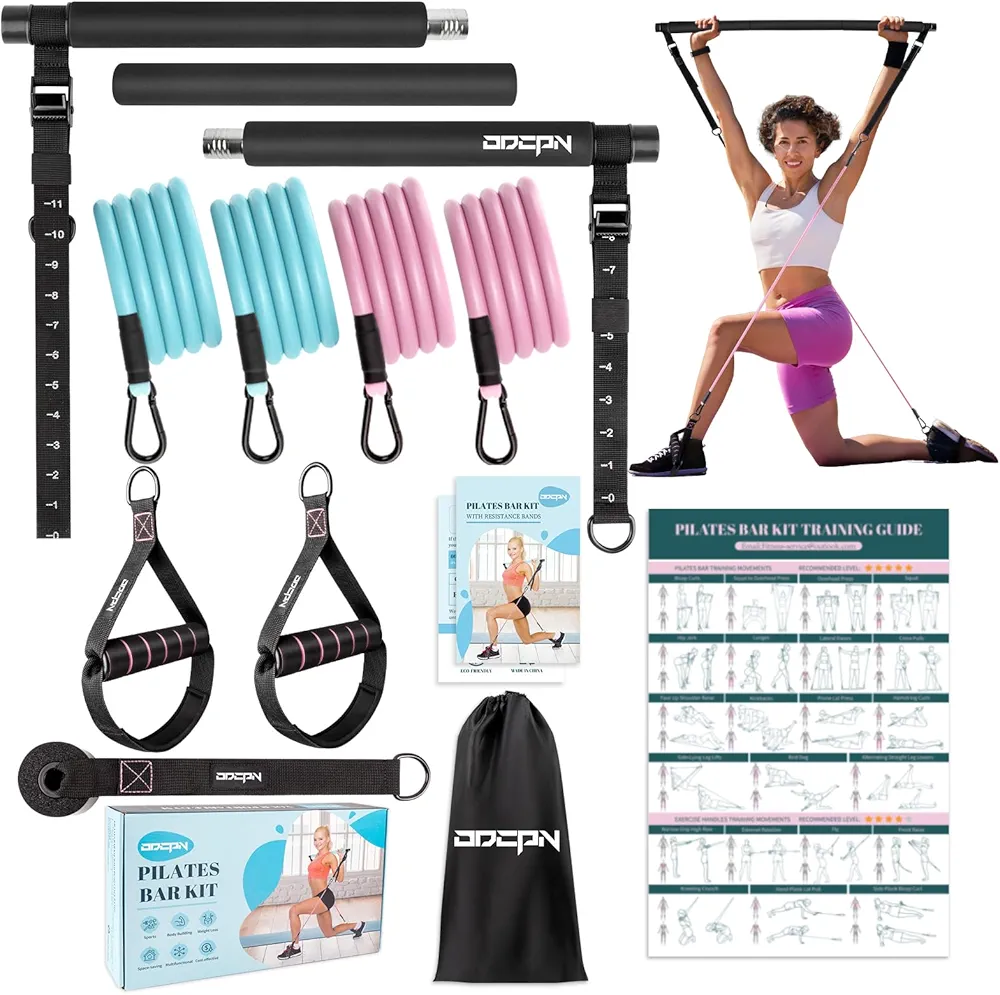 Pilates Bar Kit with Resistance Bands, Multifunctinal Exercise Bar with Resistance Bands for Pilates/Abs/Weight Loss, Portable Home Gym Pilates bar kit for Full Body Training Women