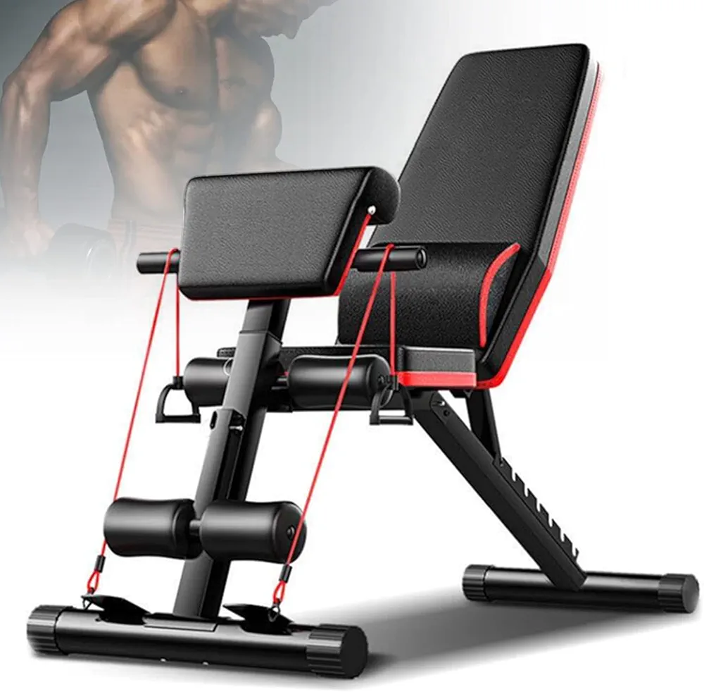 Adjustable Weight Bench, Workout Bench Foldable, Utility Weight Benches for Exercise, Multi-Functional Strength Training Bench Press with Elastic Ropes, for Full Body Strength Training at Home Gym