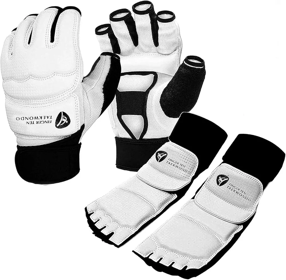 Taekwondo Sparring Gear Gloves Hand and Foot Protectors Half Finger for Boxing Kickboxing Premium Wrist Wraps Ankle Grar Support fit Men Women Kids Training