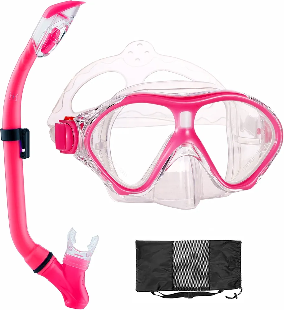 Snorkeling Gear for Kids with Foldable Silicone Full Dry Snorkel, Kids Snorkel Set Anti Leak Youth Junior Snorkeling Package Diving Mask Soft Tube with Mesh Bag Scuba Swimming Goggles