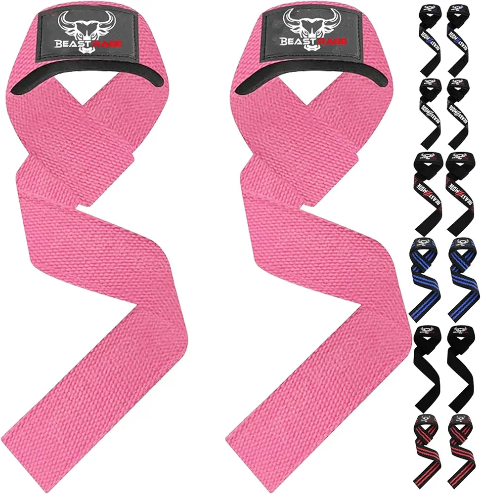 BEAST RAGE Lifting Wrist Straps for Weightlifting, Weight Lifting Straps Gym Power Workouts Lifting Straps Padded Cotton Men Women Supportive Lift Deadlift Straps Hard Pull Exercise Straps (T-Pink)