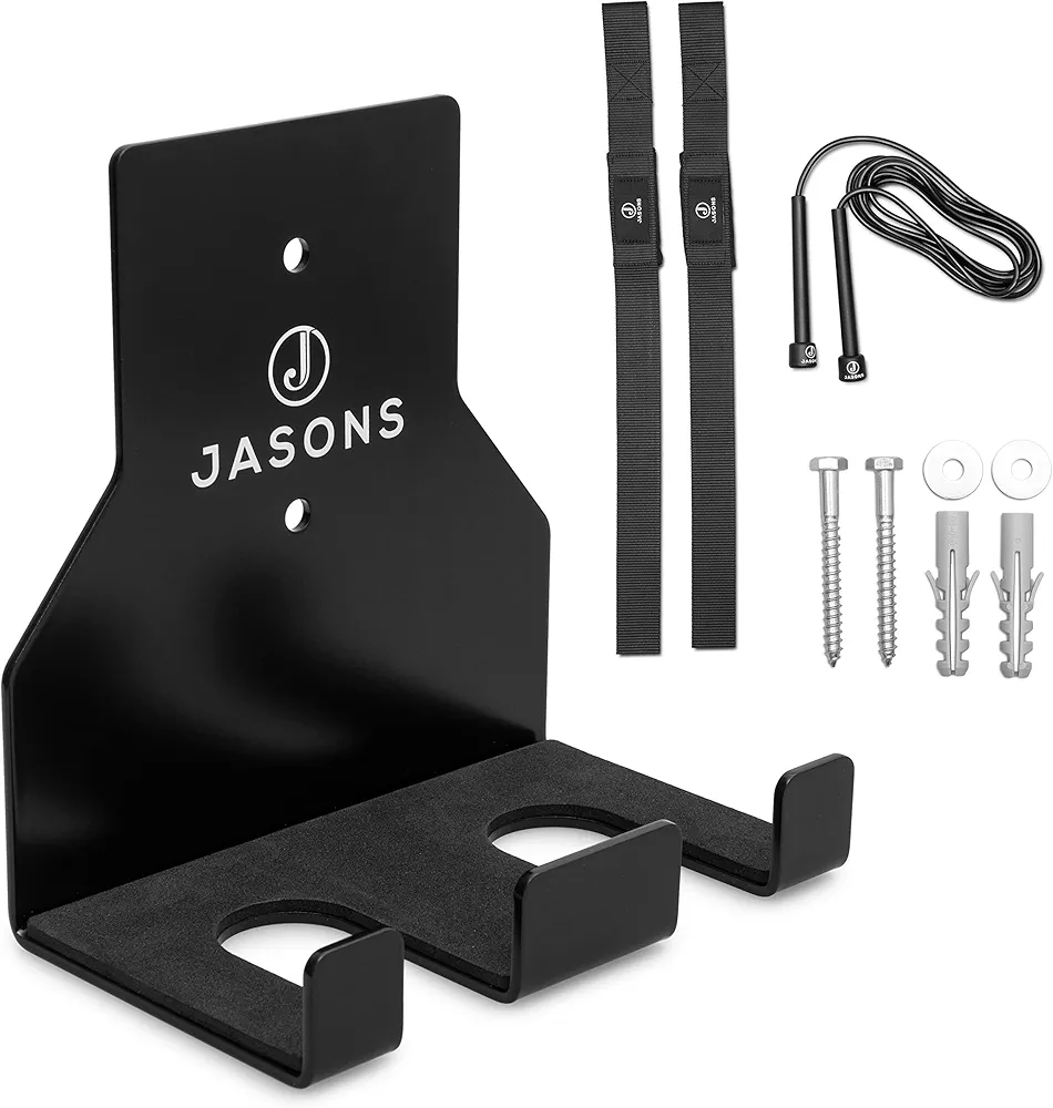 JASONS Barbell Holder Wall Mount – Olympic Barbell Storage Rack for Home/Gym Fitness Equipment – Vertical Barbell Stand with Jump Rope & Lifting Straps – Barbell Holder Stand, Barbell Wall Mount