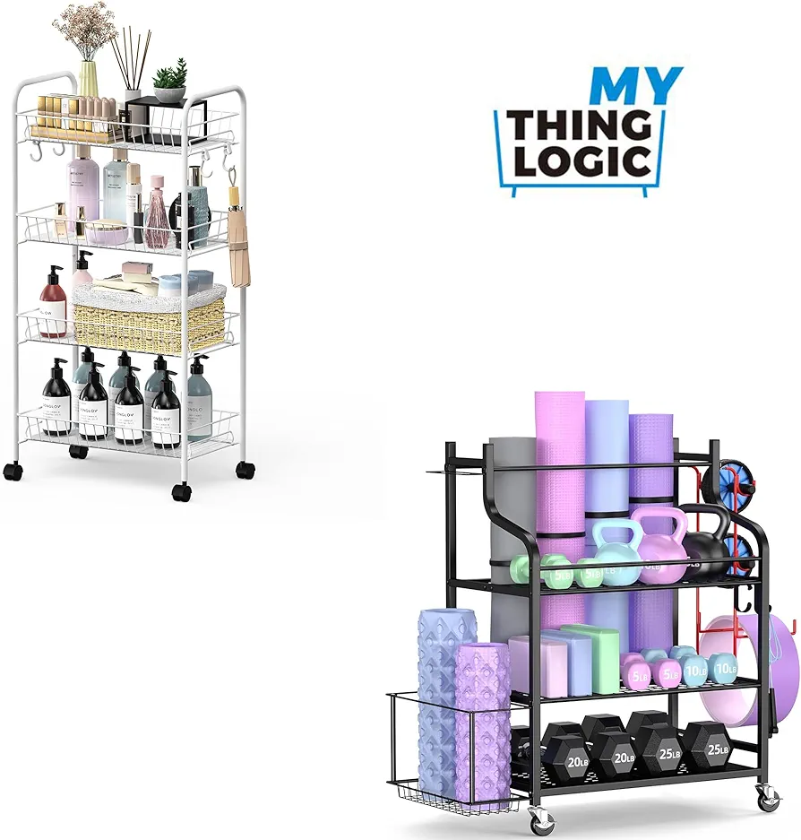 Mythinglogic 4-Tier Rolling Cart with 360° Wheels, Yoga Mat Storage Racks for Home, Gym Rack for Dumbbells Kettlebells Foam Roller, Yoga Strap and Resistance Bands, Workout Equipment