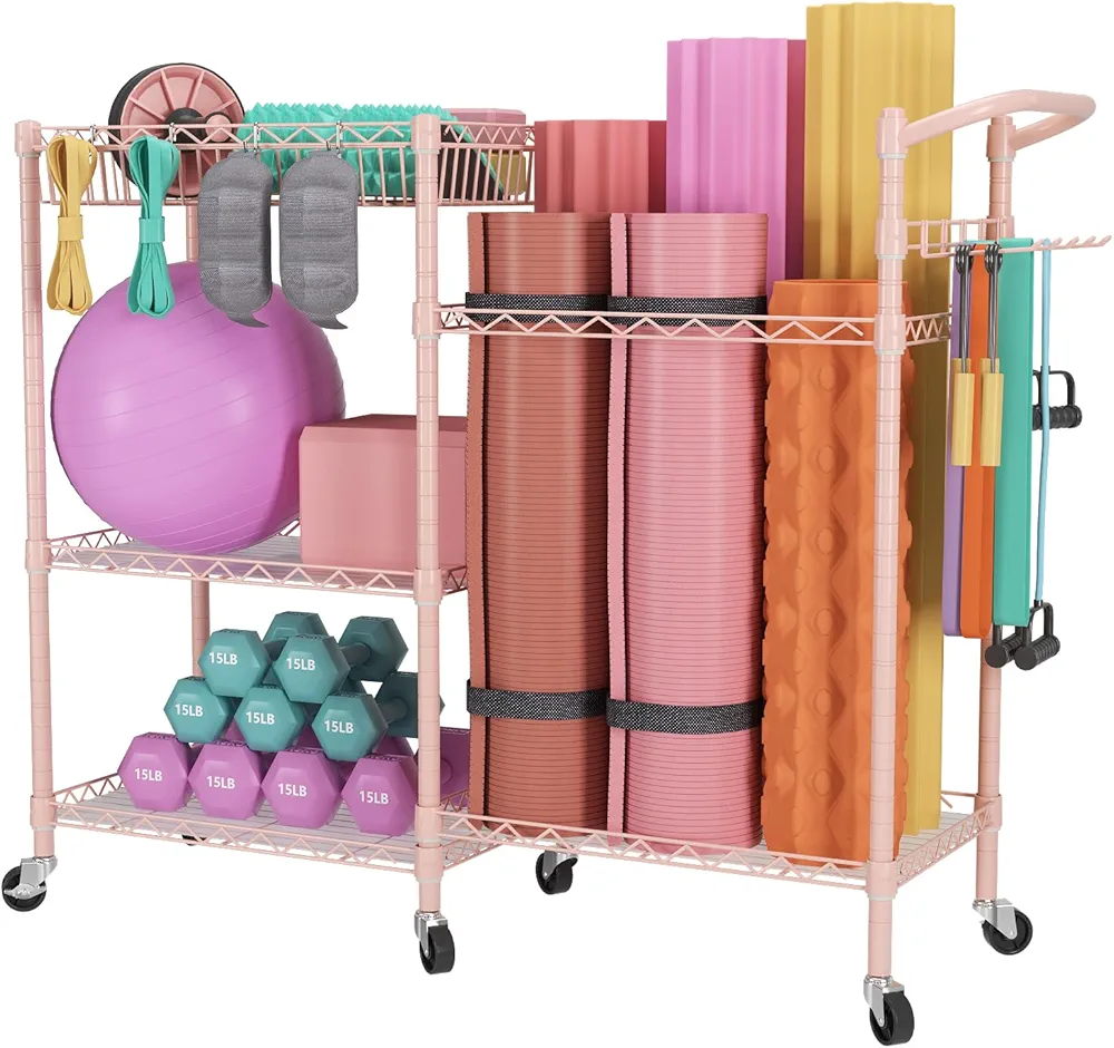 SINGAYE Dumbbell Weight Rack Yoga Mat Storage, Gym Sports Equipment Cart for organizer Workout Room, Home Gym Storage Shelf stand only with Hooks and Wheels