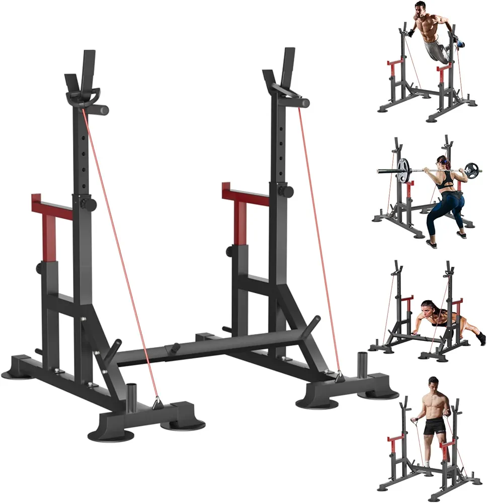 Adjustable Squat Rack, FONBEAR Multi-Function Barbell Rack, 600 LBS Bench Press for Weight Lifting and Home Gym Fitness Workout Portable Squat Bench Press - Great for Beginners and Professional Use
