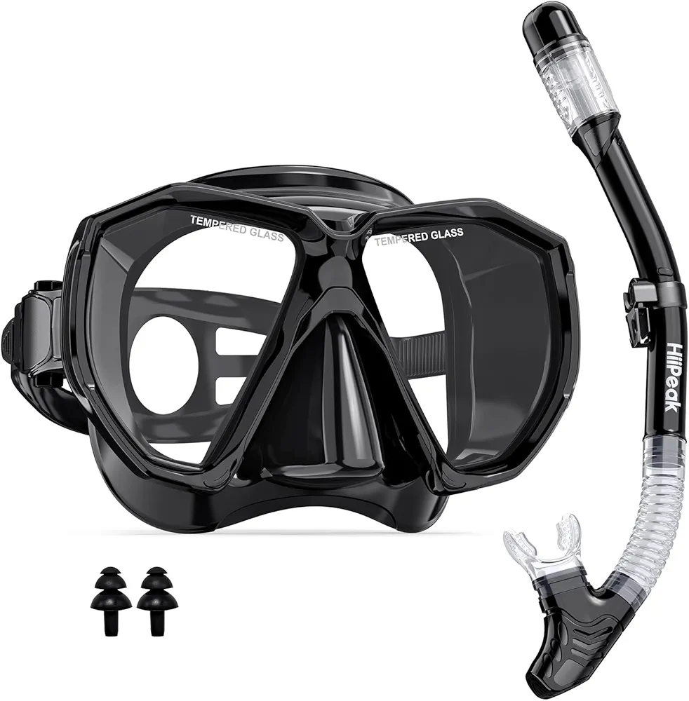 HiiPeak Snorkeling Gear for Adults, Dry Snorkel Set, Panoramic Wide View, Diving Scuba Mask Snorkel mask Set Dry Snorkel Swimming Glasses Nose Cover Youth Diving Goggles Masks