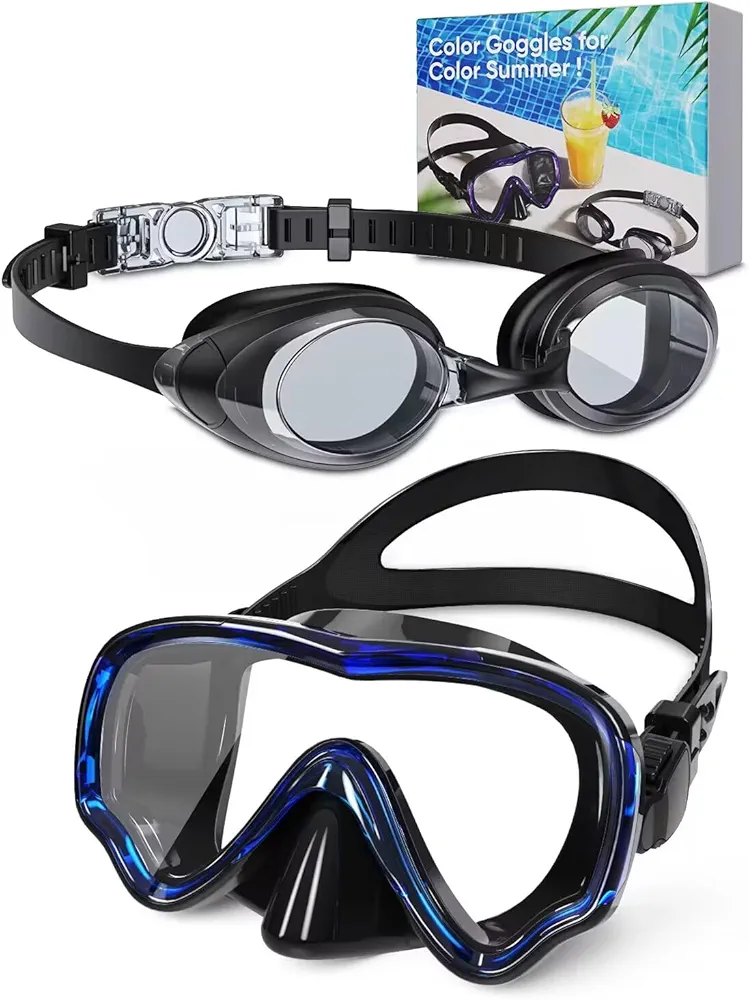 Adult Swim Goggles and Snorkel Mask Set, Panoramic View Diving Mask, Anti-fog no Leak Swimming Goggle with Replaceable Nose Bridge, Shallow Snorkelling and Scuba Diving, Water Gear for Swimming