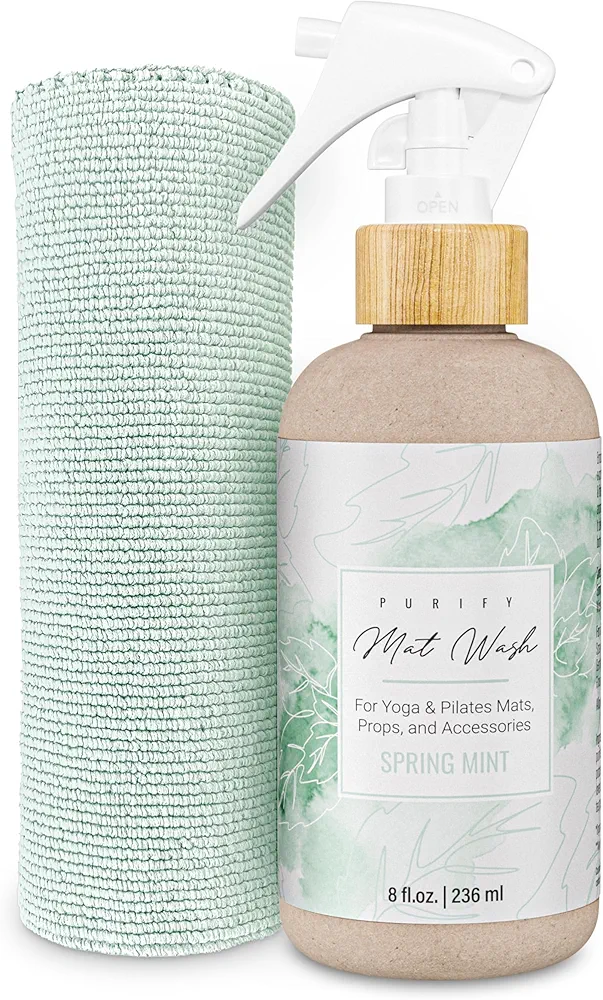 Organic Yoga Mat Cleaner Spray | Larger 8oz Size With Microfiber Cloth | Made in USA | Yoga Mat Spray Cleaner for all Mats and Pilates + Yoga Accessories | Gym Equipment Cleaner