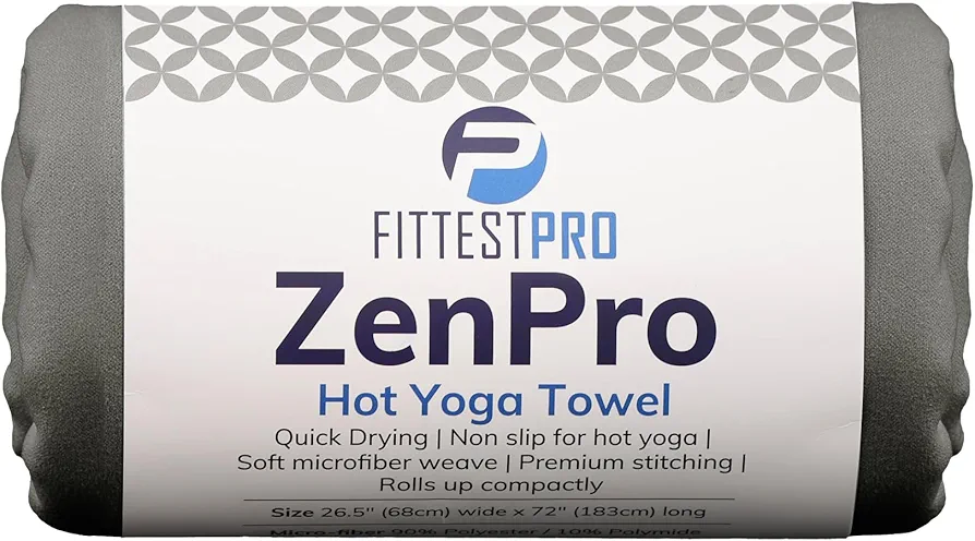 Fittest Pro Non-Slip Hot Yoga Towel with Super-Absorbent Soft Suede Microfiber in Many Colors, for Bikram Pilates and Yoga Mats. (72.00 x 26.50) Nimbus Grey