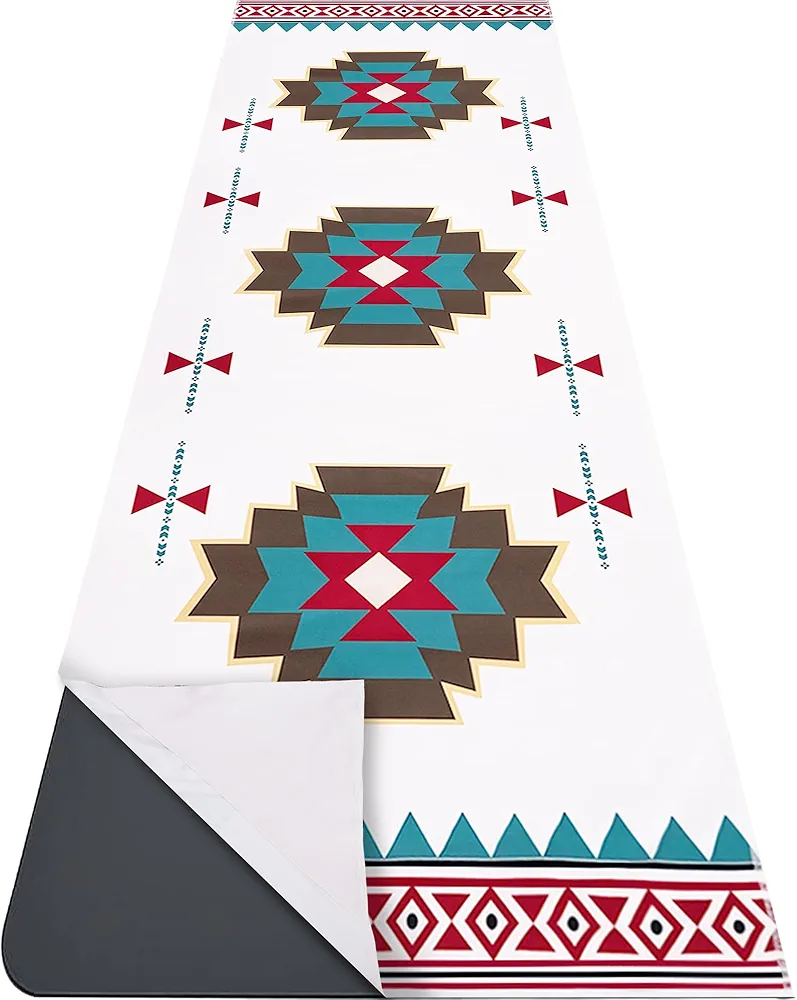 Yoga Mat Towel with Corner Pockets - Microfiber Yoga Towels for Hot Yoga Non Slip Moisture Wicking Sweat Absorbent, Aztec Yoga Towel Easy for Travel, Use in Hot Yoga, Bikram, Pilates and Fitness