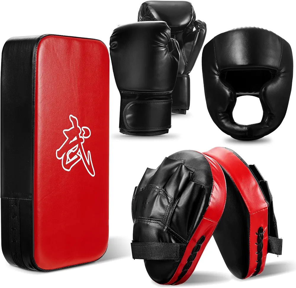 5 Pcs Boxing Training Set with a Pair of 8 oz Boxing Gloves 2 Pcs Boxing Pads a Taekwondo Kick Pad and Head Guard for Adults Youth Beginners Boxing Kickboxing Karate Muay Thai Training
