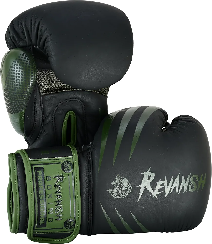 Revansh Boxing Gloves - Matte Cowhide Leather - Black/Green & Green/Black - Pro Quality for Boxing, MMA, & Kickboxing