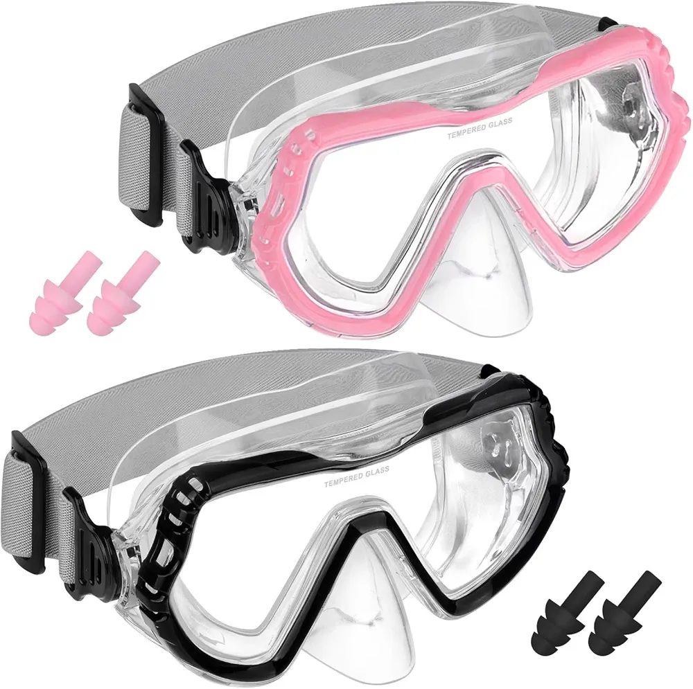 2 Pack Kids Swim Goggles with Nose Cover - Pool Goggles Swim Mask with Swimming Earplugs Set - Anti-Fog Youth Goggles with Nose Cover - Tempered Glass Nose Goggles with Elastic Strap