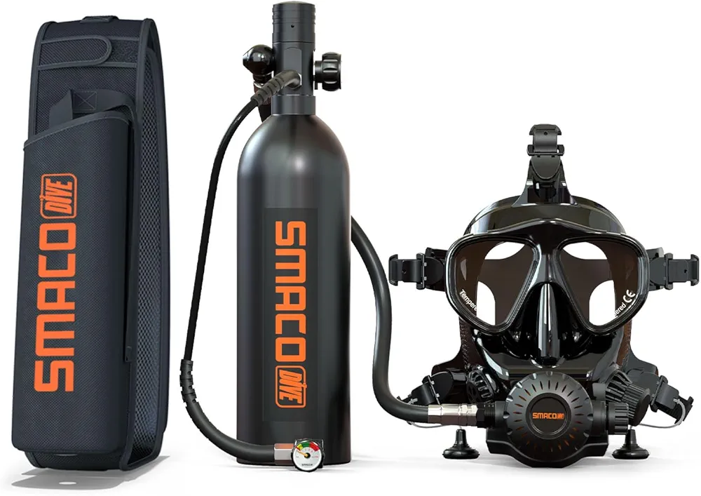 SMACO Mini Scuba Tank with Full Face Diving Mask,S400 Pro 1L Portable Mini Diving Tank Reusable Pony Bottle up to 20 Minutes Dive Time Diving Cylinder for Underwater Exploration Rescue