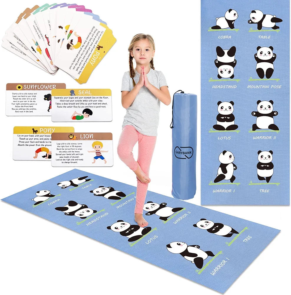 Garybank Kids Yoga Mat Set -Non-slip Exercise Mats with Fun Prints -12 Yoga Cards for Kids - Carrier Bag - Odor Free Non-Toxic, Cute Yoga Mat for Kids Girls Boys (60 X 24 X 0.2 Inch)