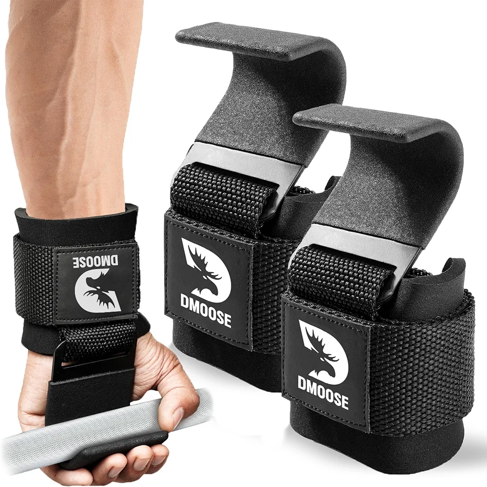 DMoose Fitness Weight Lifting Hooks for Men & Women (Pair) - 8 mm Thick Wrist Padding - Weight Lifting Grips for Powerlifting, Shrugs, Rows & Deadlift Support - Gym Lifting Straps with Pull Up Hooks