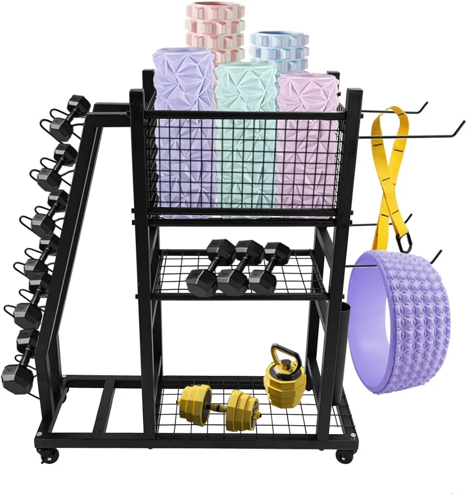 biosp Dumbbell Weight Rack with Wheels & Hanging Hooks, 420 lbs Load Capacity Rolling Home Gym Storage Stand Holder for Yoga Mat, Dumbbell, Kettlebell, Barbell Bar, Ball, Strength Training Equipment
