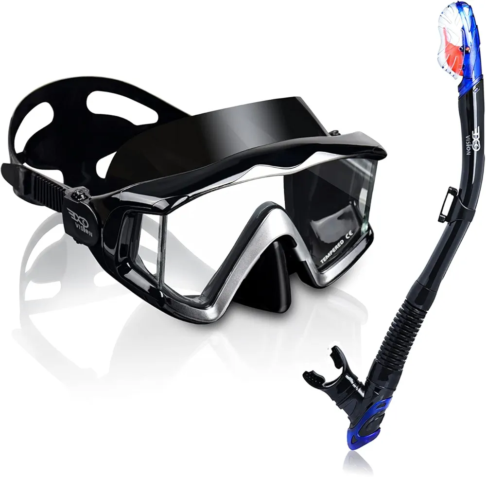 EXP VISION Snorkel Set, Dry Top Snorkel Mask Anti-Leak for Women and Men, Anti-Fog Snorkeling Gear Free Breathing,Tempered Glass Swimming Diving Scuba Goggles 180° Panoramic View