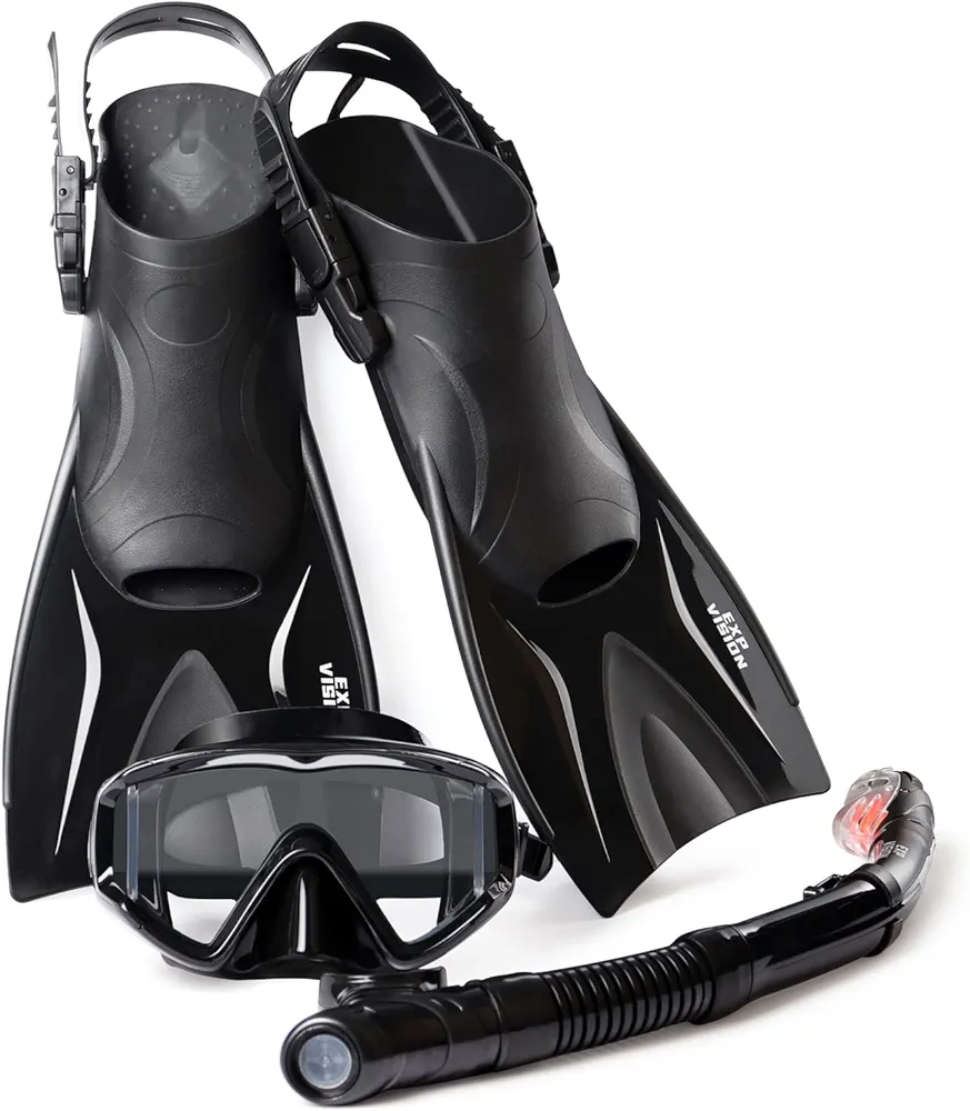 Mask Fin Snorkel Set, Adults Snorkeling Gear Panoramic Diving Mask and Dry Top Snorkel and Dive Flippers Kit with Travel Bag for Swimming Training, Snorkeling