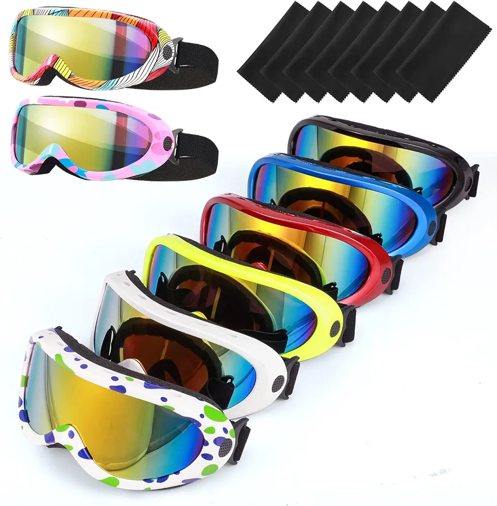Sratte 8 Pcs Ski Goggles Set, Snowboard Goggles Pack for Kids Adult Youth Teens Boys Girls with Glasses Cloths, UV Protection Dustproof Goggles Men Women Winter Outdoor Sports Accessories, 8 Color