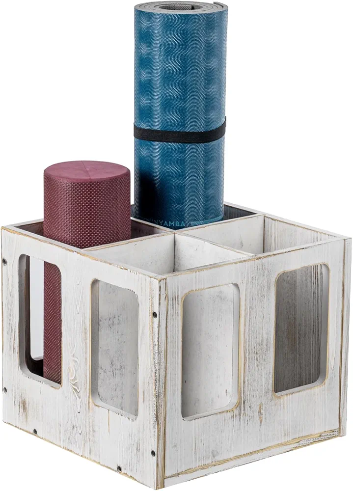 MyGift Shabby White Washed Wood Foam Roller Storage Organizer with 4 Slots, Wall Mounted or Floor Standing Holder Rack for Yoga Mats and Gym Accessories