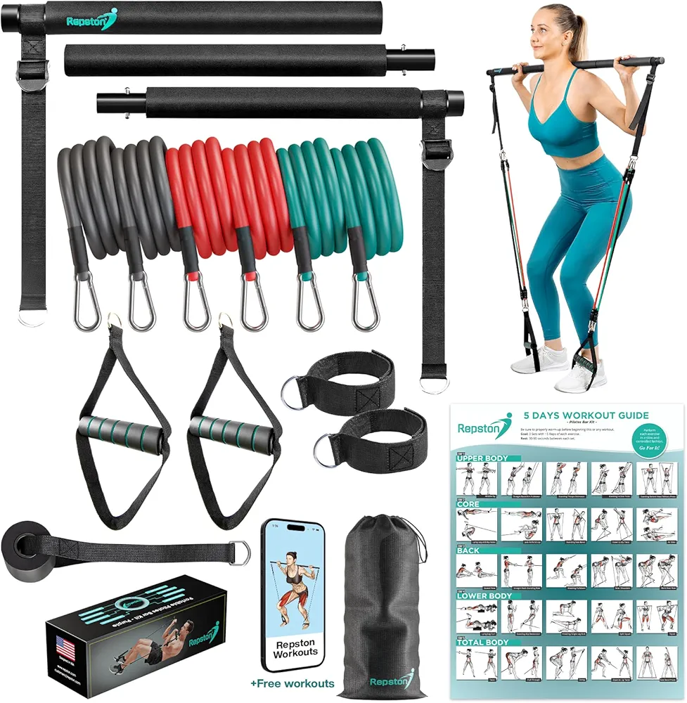 Pilates Bar Kit with Resistance Bands - Home Gym Equipment - Workout Equipment for Women and Men - Pilates Equipment with Adjustable Resistance Bands