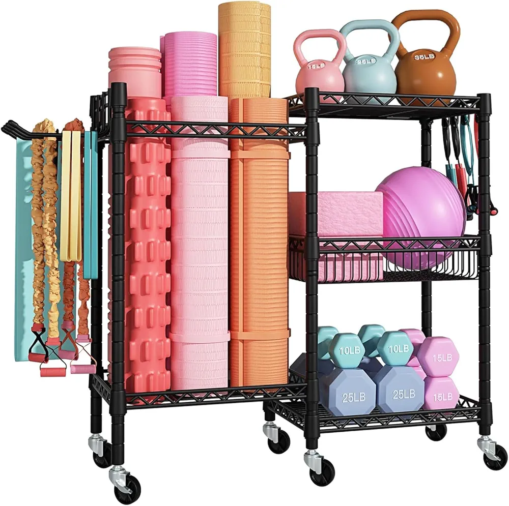 Home Gym storage Rack, 3 Tiers Workout Equipment Organizer, Portable Yoga Mat Storage with Wheels, Foam Roller, Dumbbells, Kettlebells, Resistance Bands