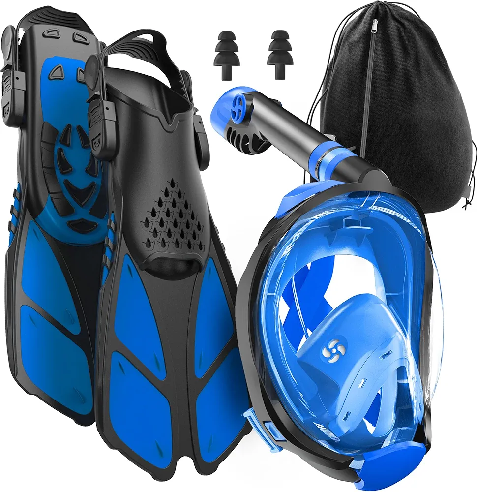 COZIA DESIGN Snorkeling Gear for Adults with Fins - Full Face Snorkel Mask and Swim Fins, 180° Panoramic View Snorkel Mask, Anti Fog and Anti Leak Adult Snorkel Set