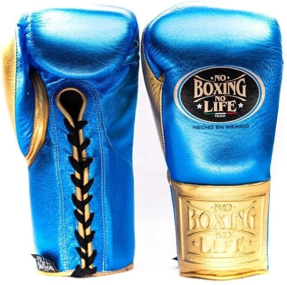 No Boxing No Life Boxing Gloves Custom Made with Cowhide Skin Blue and Gold (16, Ounces)