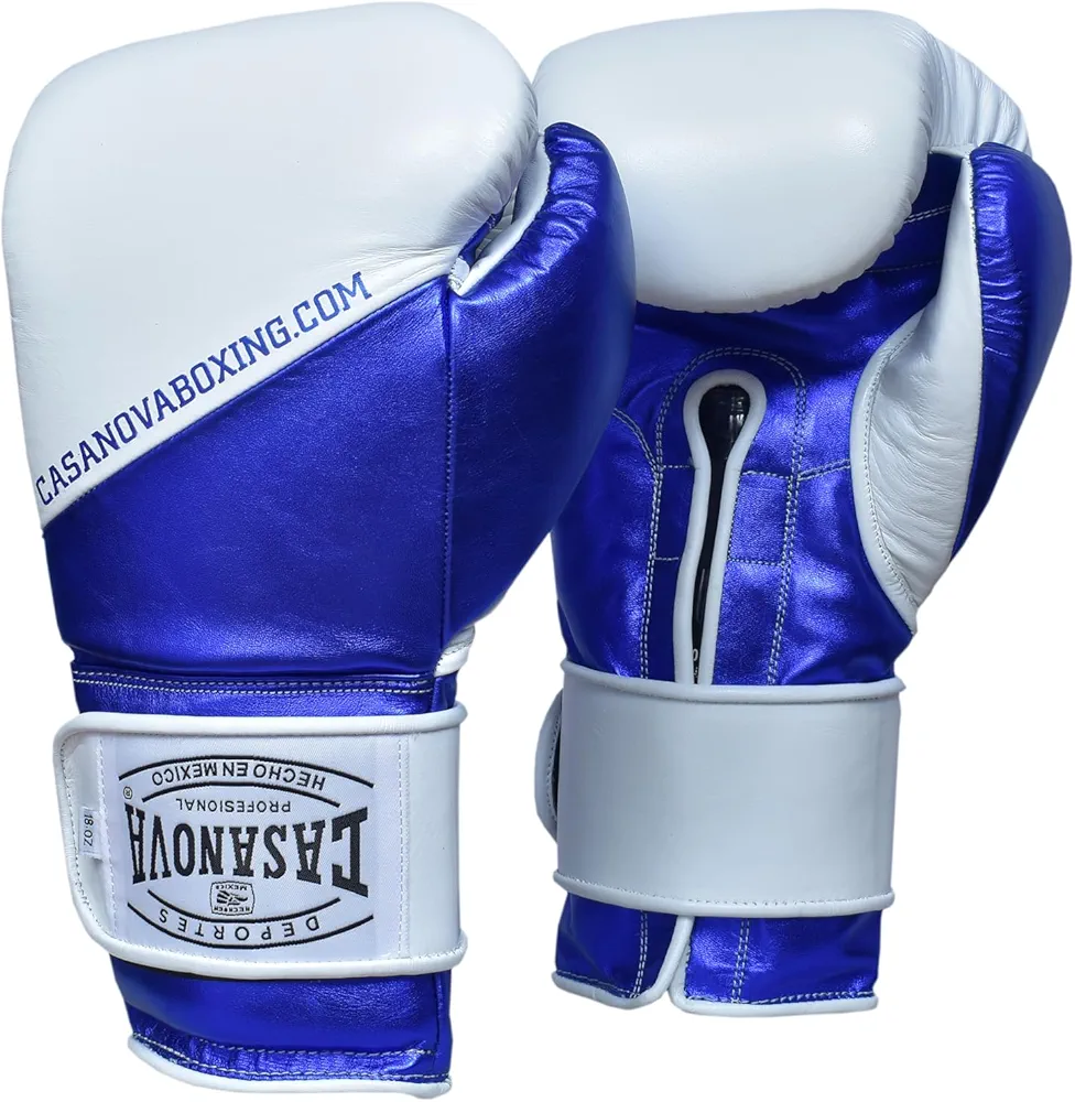 Casanova Boxing® Training Velcro Leather Boxing Gloves for Men and Woman - Boxing, Martial Arts, MMA, Kickboxing, Muay Thai, Contact Sport, Sparring, Heavy Bag Training (White/Blue,18 oz)