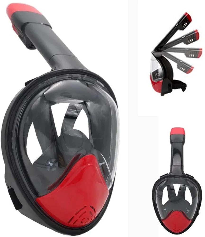 Snorkel Mask Full Face for Adult, Full Face Snorkel Mask 180 Panoramic View Free Breathing Snorkeling Mask with Detachable Camera Mount, Dry Top Set Anti-Fog Anti-Leak (Black-Red, S/M)