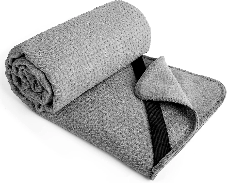 POLYTE Microfiber Hot Yoga Towel Mat with Non-Slip Silicone Grip and Secure Fit Elastic Straps, 24 x 72 in (Gray)