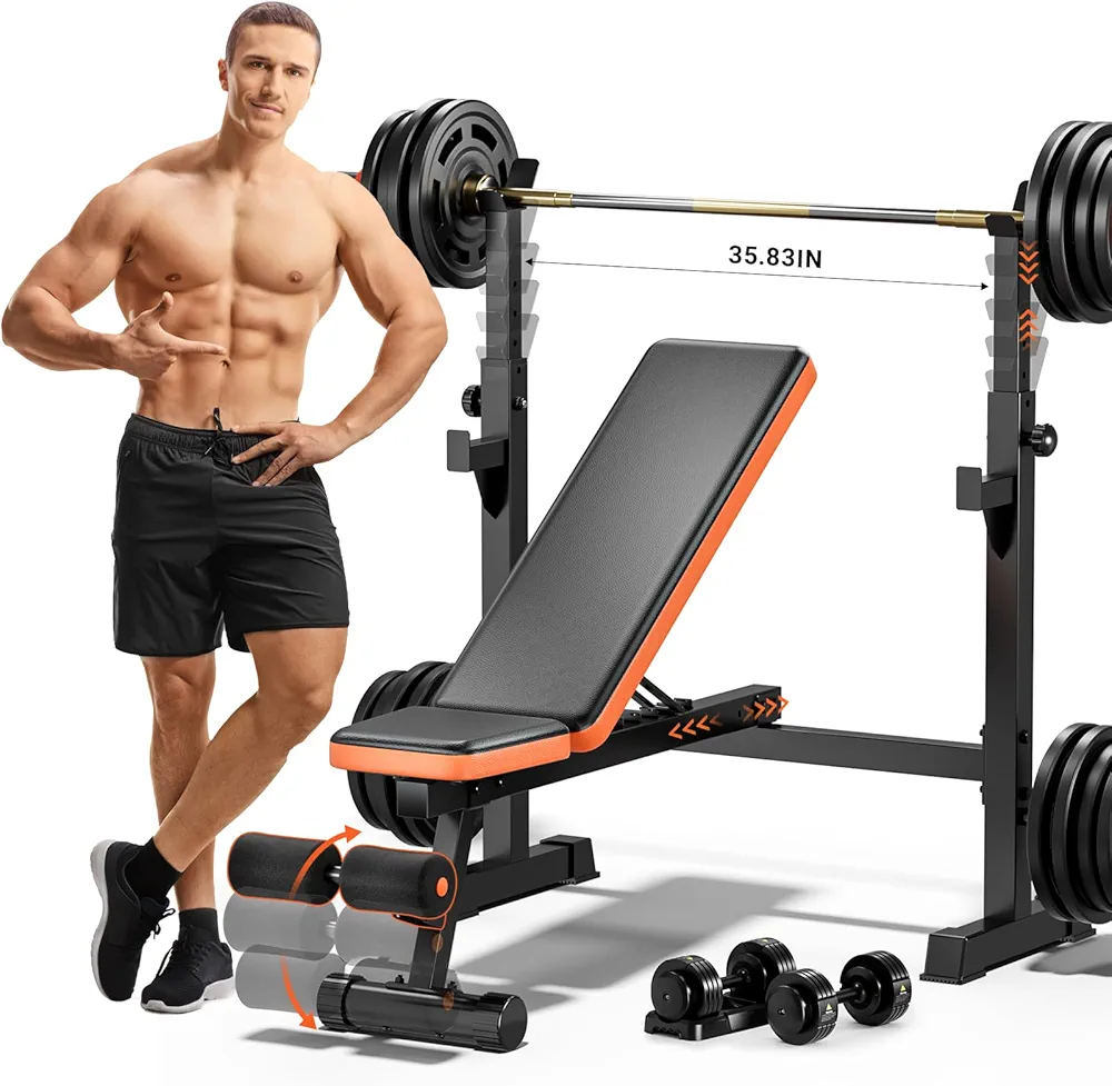Fostoy Weight Bench, Bench Press Rack with Squat Rack, Adjustable Workout Bench for Home Gym, Olympic Weight Benches with Removable Foot Catch, Full Body Incline Bench for Fitness Strength Training
