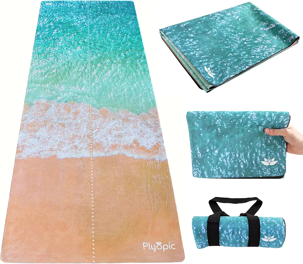 Plyopic. 3-in-1 Travel Yoga Mat, Yoga Mat Towel & Gym Mat Topper - Non-Slip, Portable, Foldable, Washable & Eco-Friendly | 1.5mm Thin | Ideal for Yoga, Hot Yoga, Pilates, Fitness, Exercise & Travel