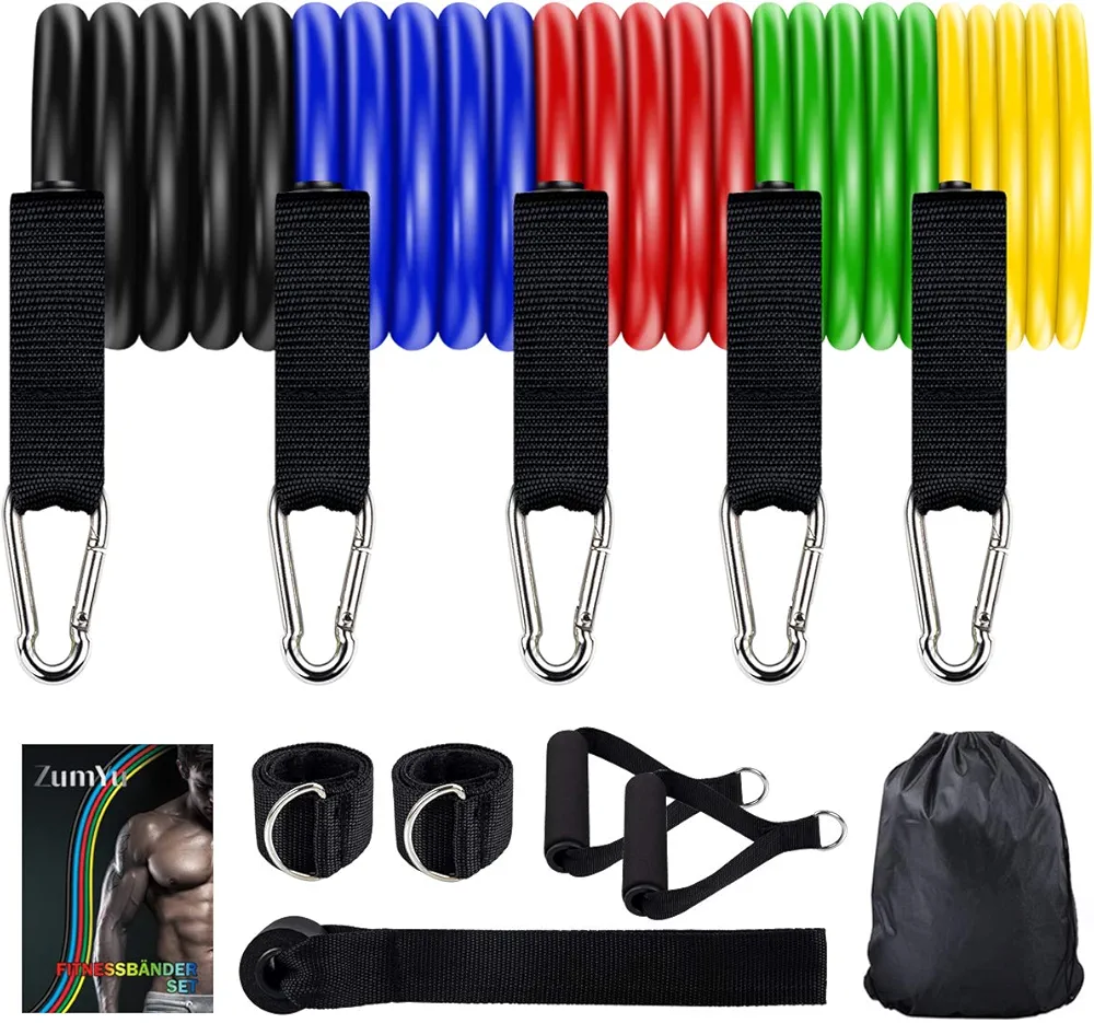 Resistance Bands Set Workout Bands with 5 Stackable Exercise Bands, 5 Resistance Loop Bands, 2 Core Sliders, Door Anchor, Ankle Straps, Jump Rope,Hand Grip Strengthener