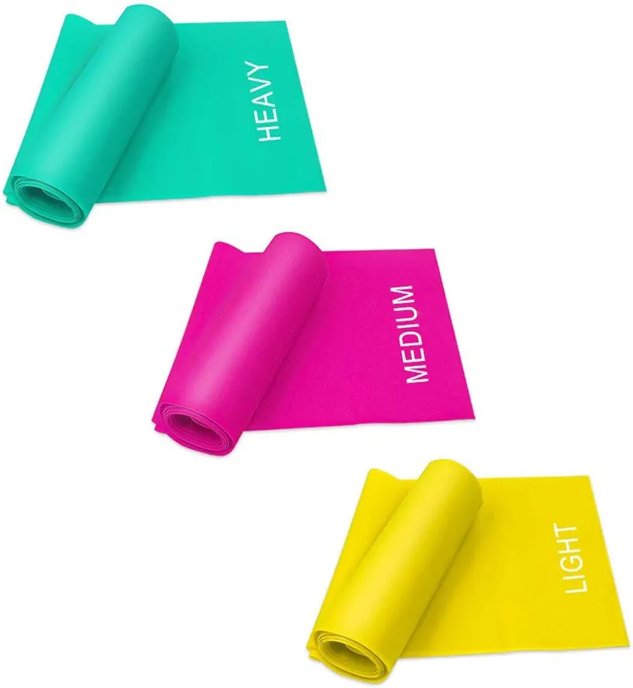 Coolrunner 7FT. Long Latex Free Elastic Flat Exercise Band Set of 3 with Carry Bag, Wide Fitness Resistance Bands for Pilates, Gym, Physical Therapy, Yoga, Carry Bag, Green & Yellow & Rose Red