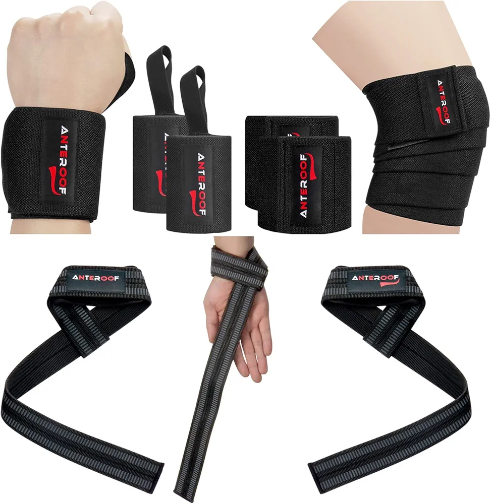 Strength Training Kit: Knee Wraps, Wrist Wraps, and Lifting Straps Set (3 Pairs) - Ultimate Protection for Weightlifting, Bodybuilding, and Fitness Workouts