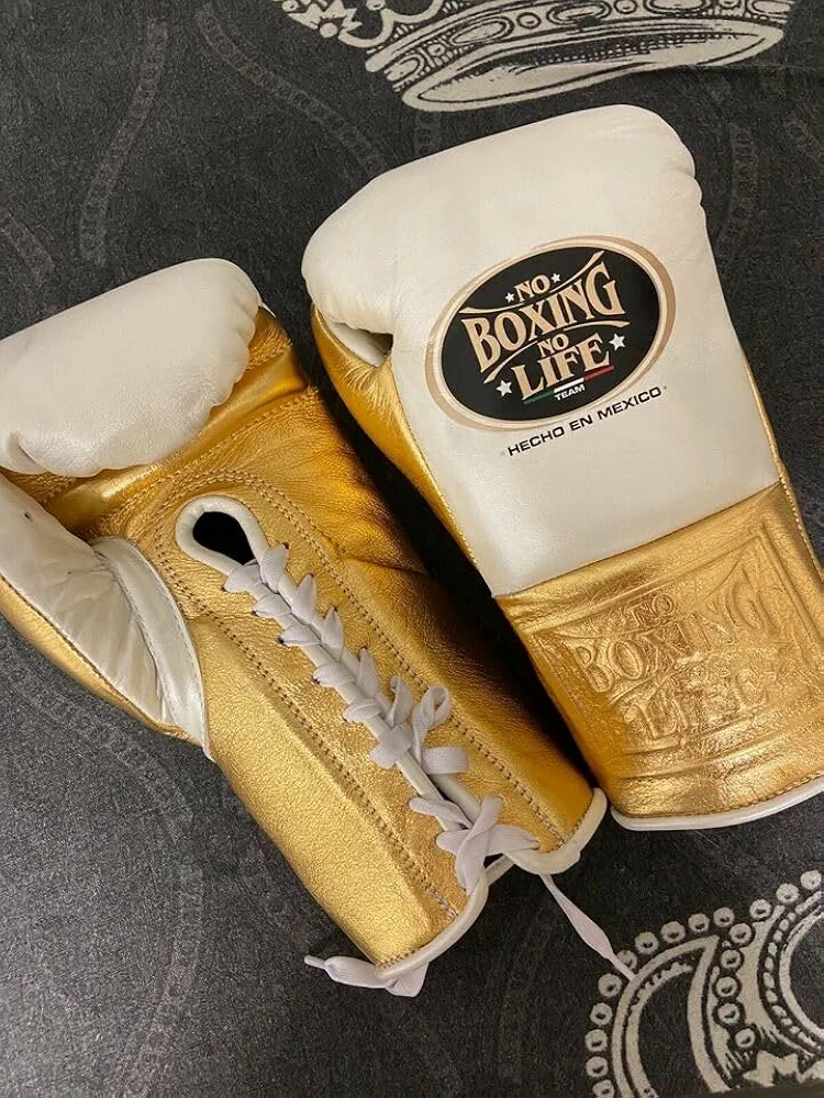 No Boxing No Life Boxing Gloves Custom Made with Cowhide Skin White and Gold