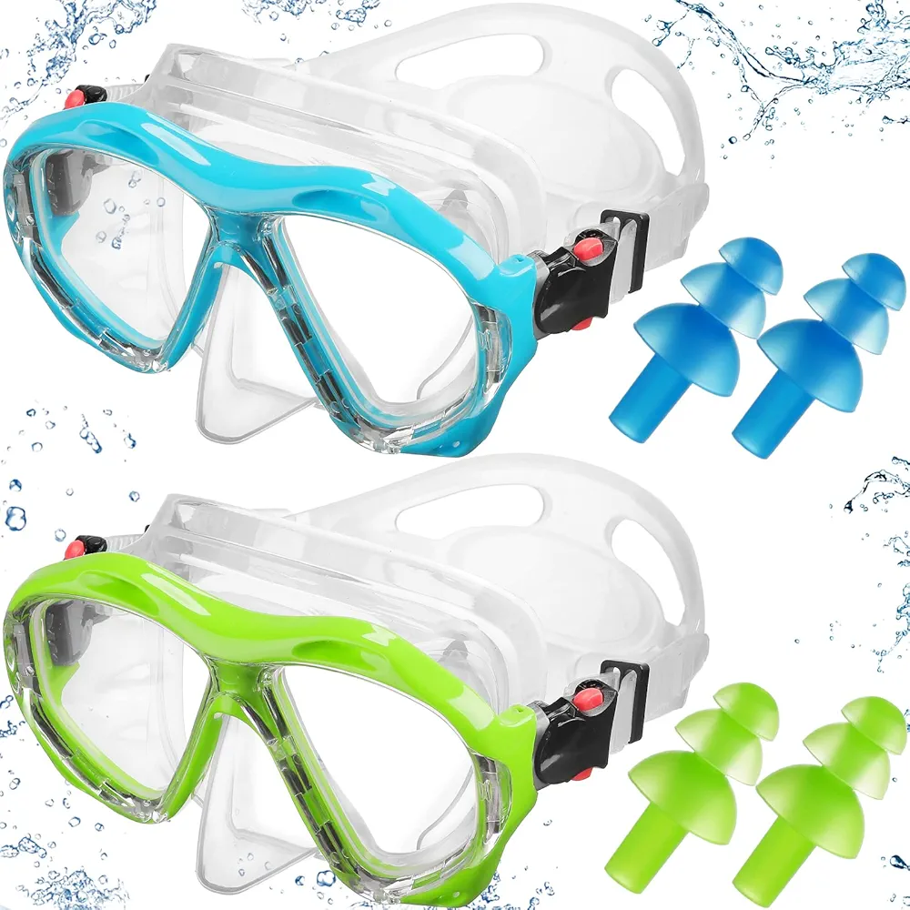 Kigley 2 Pcs Unisex Swim Goggles for Adults Snorkel Diving Mask with Nose Cover Silicone Adults Swim Mask Swimming Snorkel Goggles Glasses with 2 Pair Earplugs (Green, Blue)