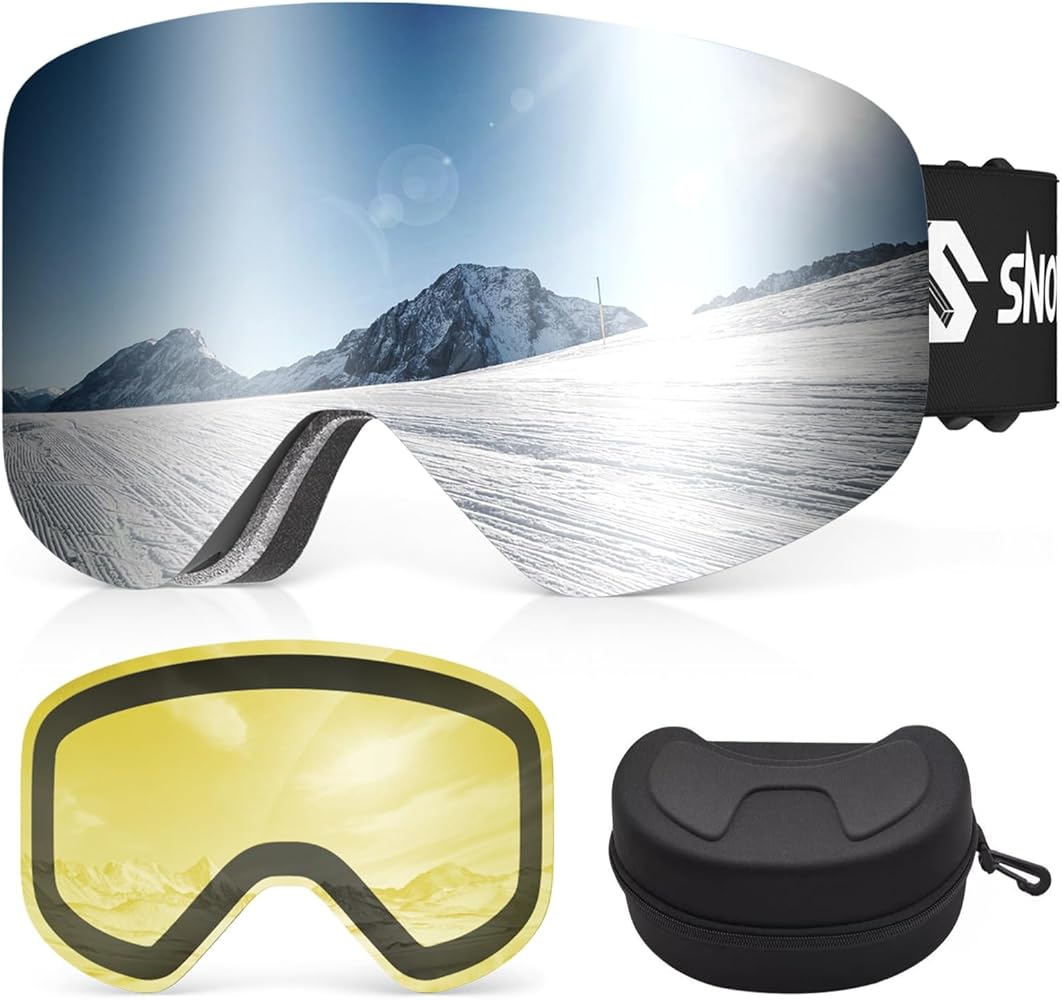 Ski Goggles, Frameless OTG Snowboard Goggles with 2 UV400 Magnet Ski Lenses for Men & Women, Valentine's Day Gifts