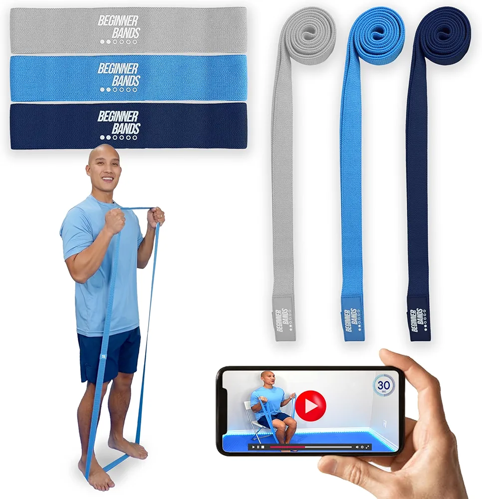 Beginner Bands Set of 6 by Justin Agustin – Specifically Designed for Total Beginners – Gentle Exercise Bands for Seniors & Limited Mobility – Soft Fabric – Home Gym Equipment. Incl. Door Kit & Bag
