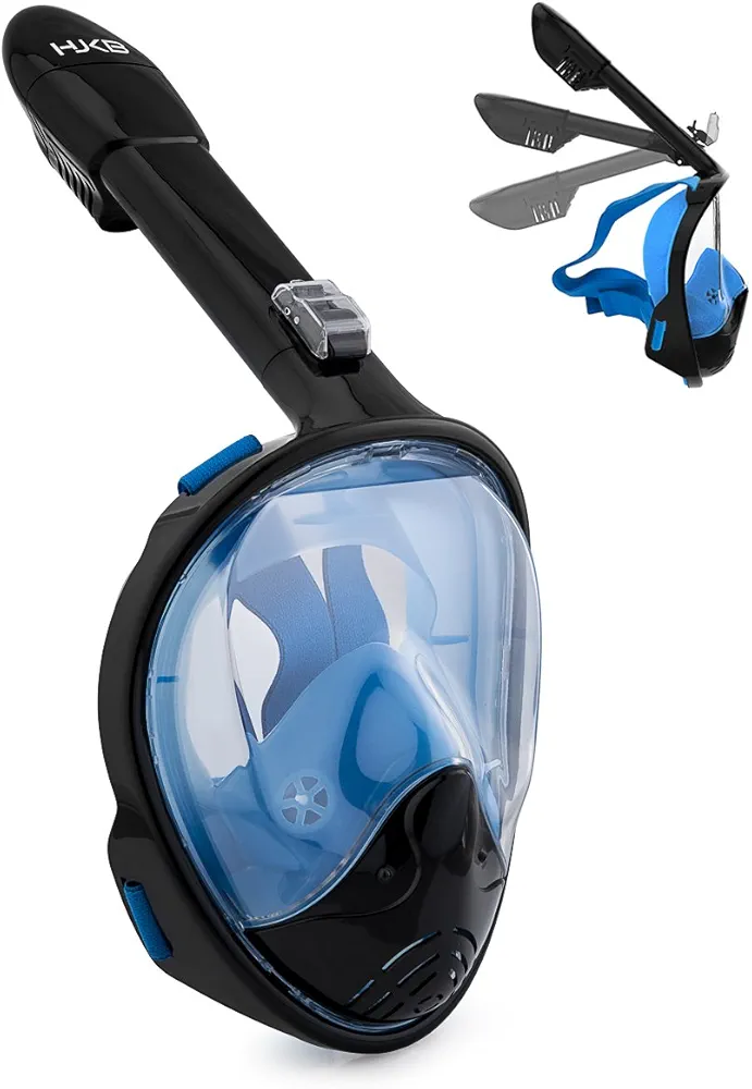 Snorkel Mask,180°Full Face Snorkeling Diving Mask Set with Panoramic View (Black/Blue, L/XL)