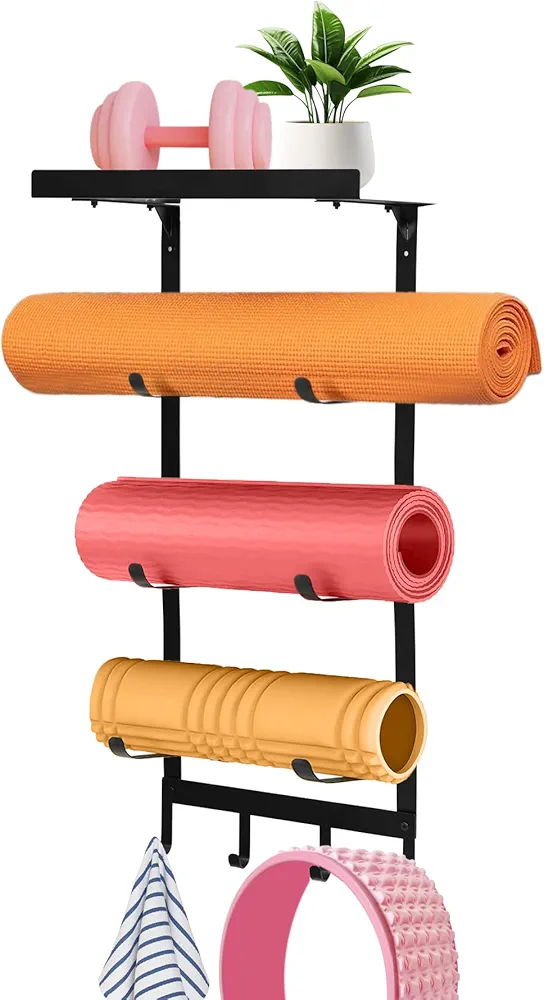 Yoga Mat Holder Wall Mount,Workout Storage Organizer for Home Gym Exercise,Yoga Mat Rack with Metal Floating Shelves and 4 Hooks for Hanging Foam Rollers,Yoga Strap and Resistance Bands