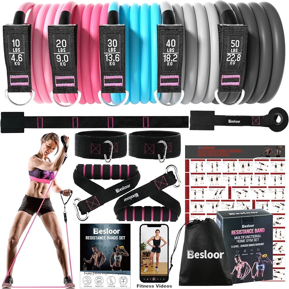 Resistance Band Set. Exercise Bands with Handles, Door Anchor and Ankle Strap. Home Gym, Supports Full-Body Workouts - with Fitness Poster and Video