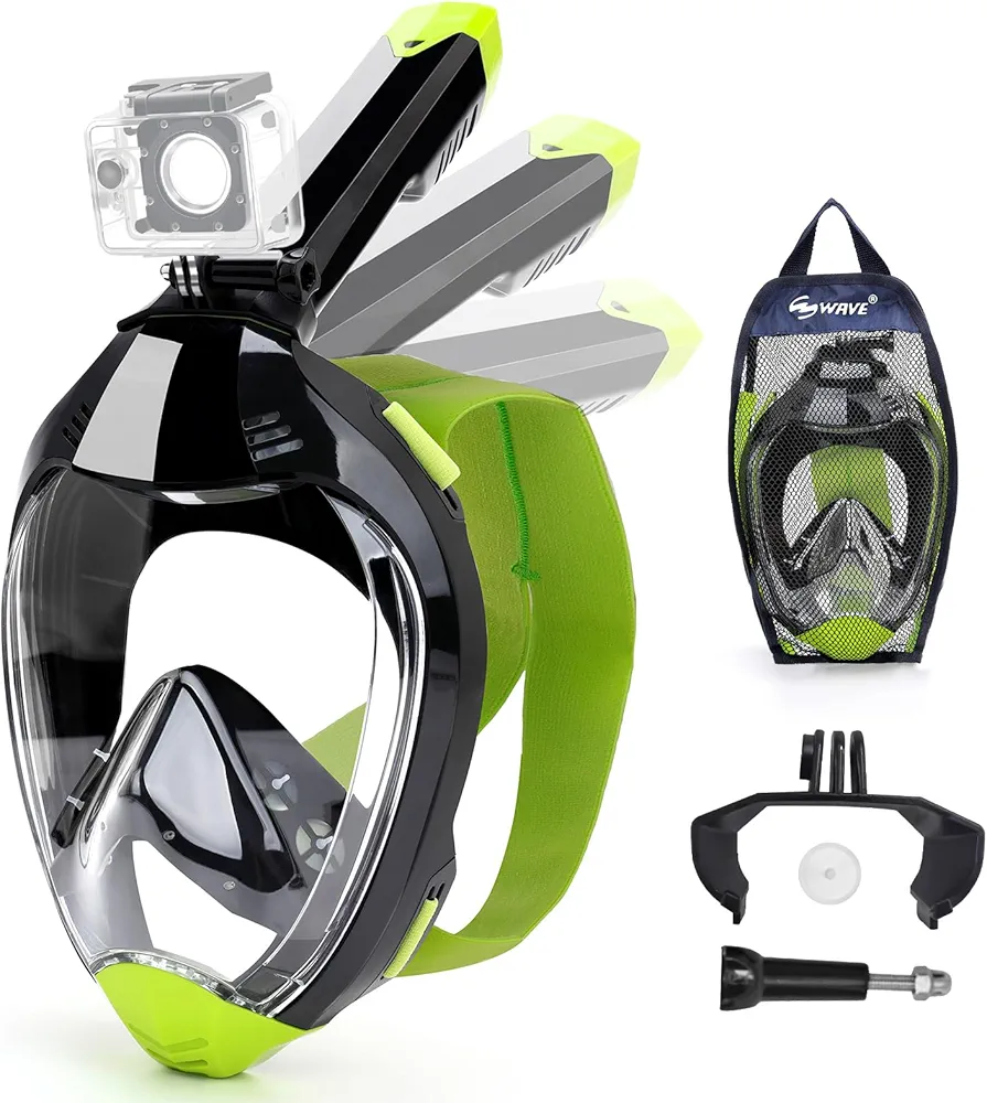 Full Face Snorkel Mask, Diving Mask with 180° Panoramic View Dual Airflow Breathing Technology with Detachable Camera Mount, Dry Top Set Anti Fog Anti Leak for Kids Adult