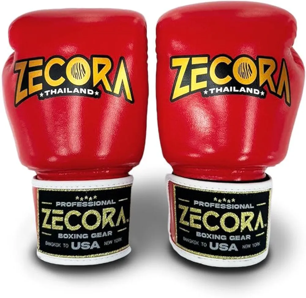 Velcro Pro Boxing Gloves, Muay Thai, Kickboxing, Red/Gold, 10 oz ''Bangkok to New York''