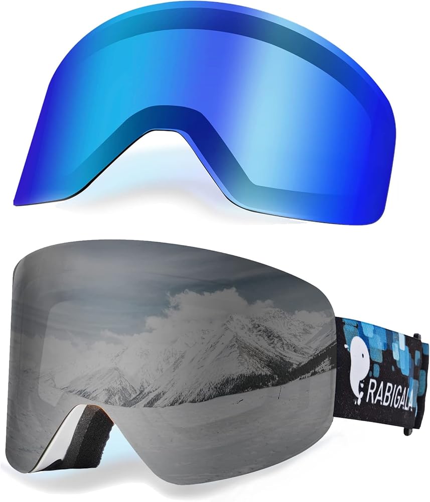 RABIGALA Ski Goggles with Detachable Lens, Frameless Magnetic Interchangeable Lens Anti-Fog 100% UV Protection Snowboard Snow Goggles (silver/blue)