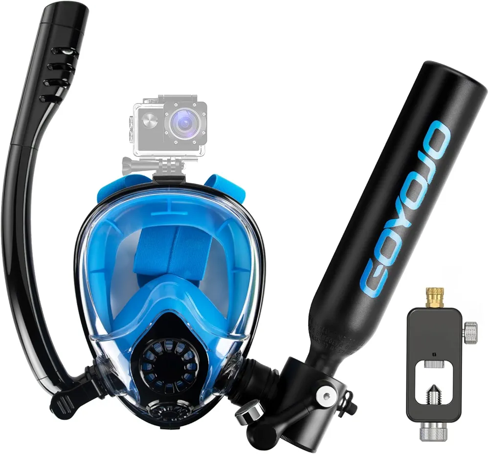 GOYOJO Diving Tank and Snorkel Mask Combo, 0.5L Portable Mini Scuba Black Oxygen Cylinder with 5-8 Mins of Underwater Breathing, Full Face Diving Mask, Underwater Breath System
