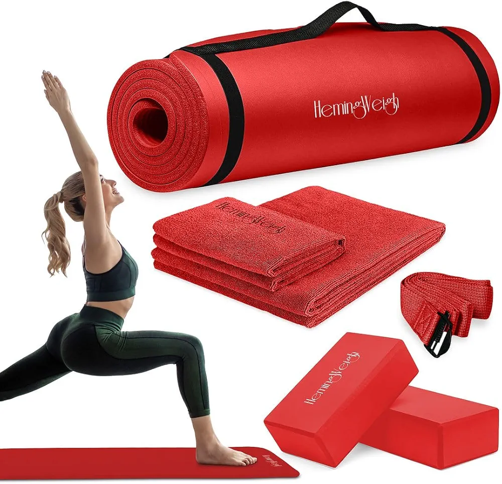 HemingWeigh Yoga Mat Thick, Yoga Set for Home Workouts, 1/2 Inch Thick Yoga Mat for Women, Men, Non Slip Yoga Mat with Yoga Foam Blocks, Yoga Strap, 2 Microfiber Towels, Beginner Friendly
